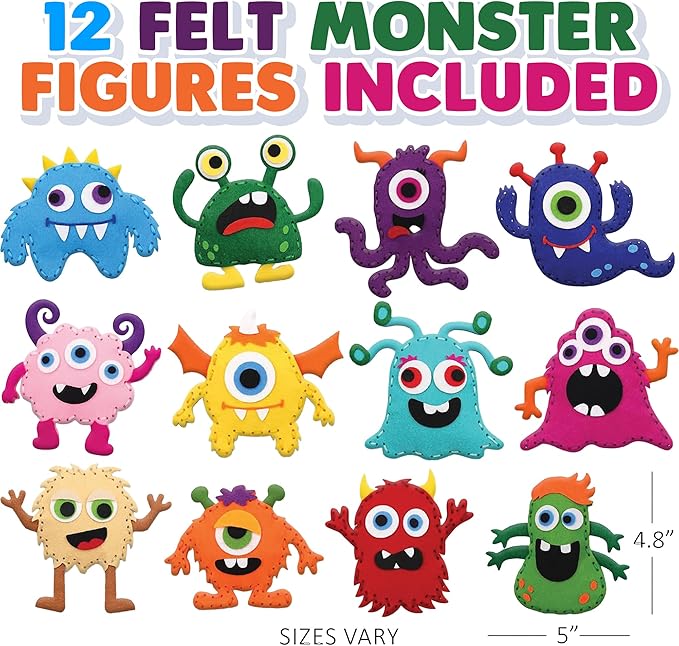 Halloween Monster Craft Sewing Kit for Kids - Sewing Craft Kit with 12 Monster Characters, 6 Child-Friendly Needles, 7 Thread Bundles, 1 Bag of Stuffing, and Scissors - Sewing Craft Ages 5 6 7 8 9 10+