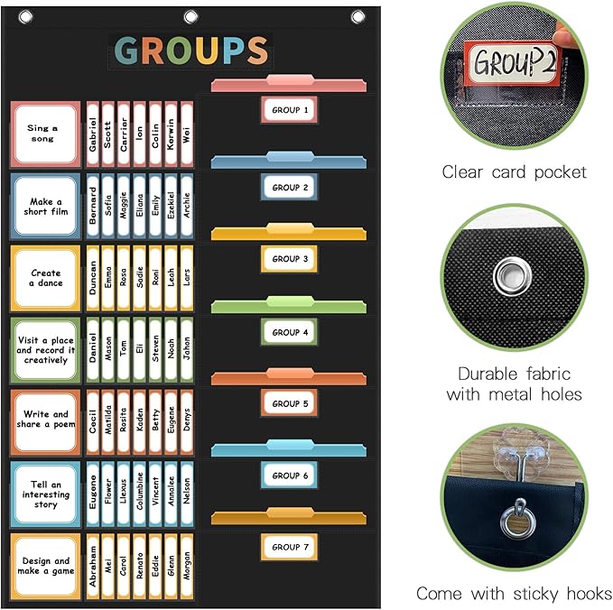 REGELETO Boho Small Group Management Pocket Chart with 114 Cards, Large Size 46 x 26.3 inch Classroom Small Group Organizer for School Teacher Elementary Preschool Learning Supplies (Black)