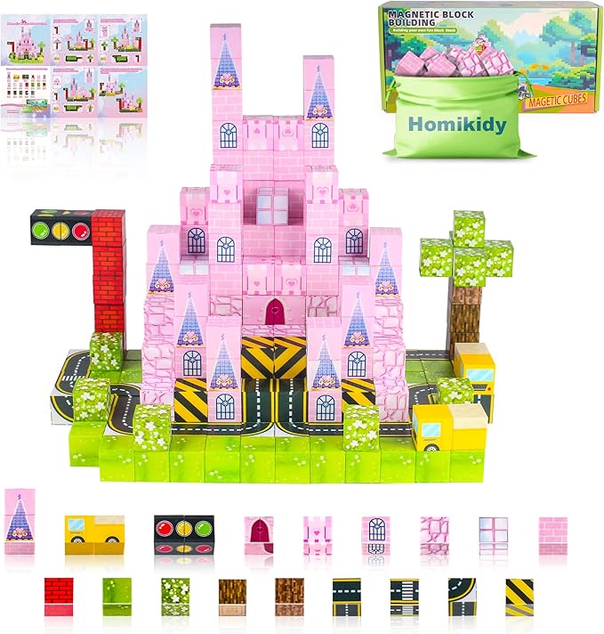 Magnetic Blocks 96 PCS Magnet World Princess Pink Castle World,Toys for 3+ Years Old Girls Boys, Montessori Sensory STEM Preschool Outdoor Toddler Toys, Christmas Birthday Gifts for Kids