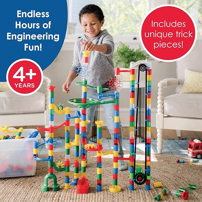 MindWare Colossal Elevator Marble Run – 400-Piece Marble Maze Building Toys Set with Unique Marble Track Pieces, 150 Tubes, 9 Funnels, 50 Marbles and More with Wheeled Storage Bin