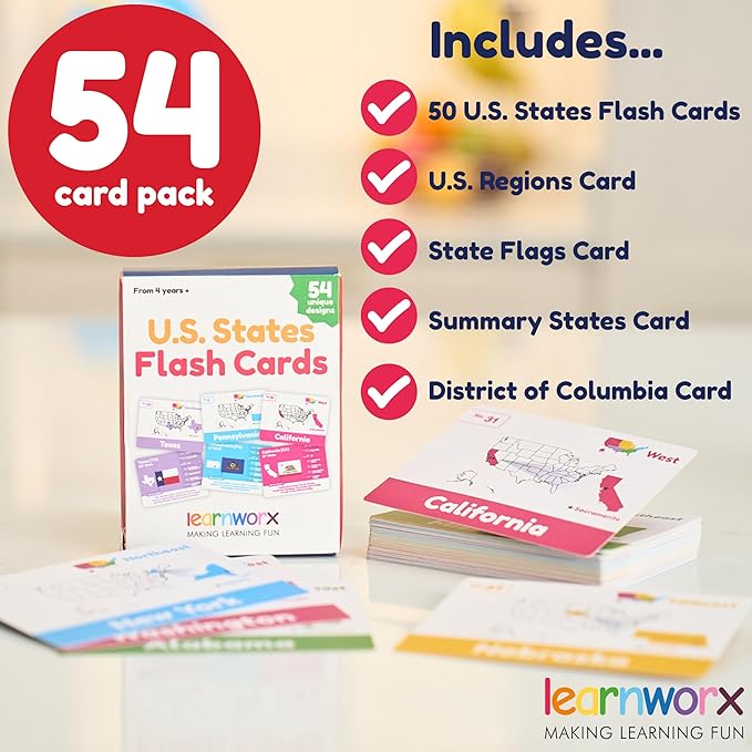 U.S. States Flash Cards for Kids | 50 State Geography Cards with Capitals, Flags, State Birds & More | Educational Flashcards for Learning U.S. History & Facts | Ages 4, 5, 6,7, 8, 9, 10