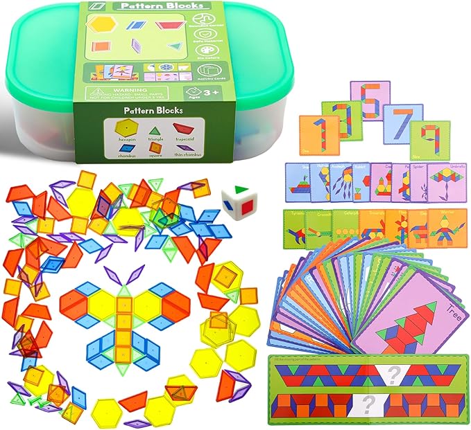 140 Pcs Translucent Pattern Blocks,Geometric Shapes,Translucent Toys,Light Table Accessories and Manipulatives,Includes 46 Activity Cards