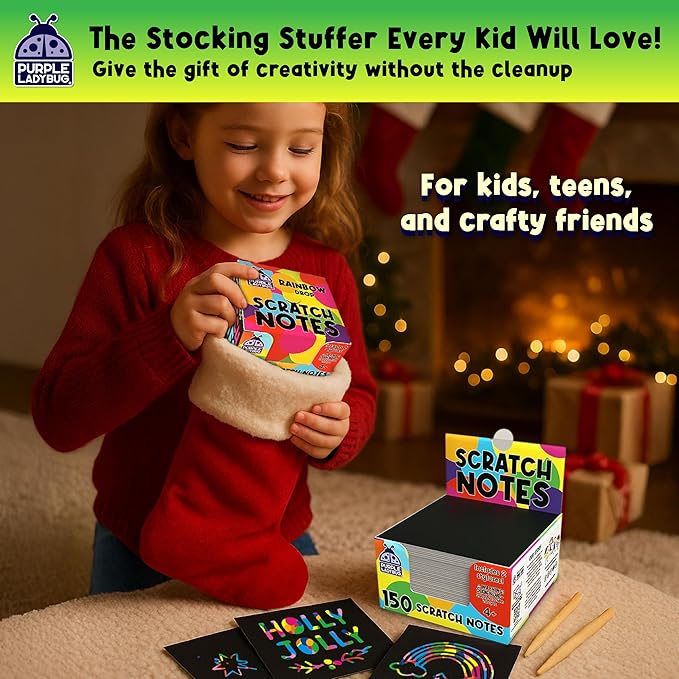 PURPLE LADYBUG 150 Rainbow Scratch Art Mini Notes - Stocking Stuffers for Kids, Arts and Crafts Supplies, Fun & Colorful Scratch Paper for Girls, Kids & Teens Gift, Classroom School Supplies