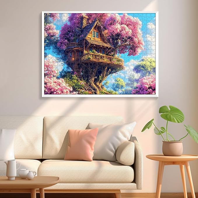 500 Piece Puzzle for Adults Puzzle, Pink Tree House Jigsaw Puzzle 500 Pieces, Colorful Flower Jigsaw Puzzles for Adults Seniors, Challenging Family Games Holiday Party Gifts 20.5×15 in
