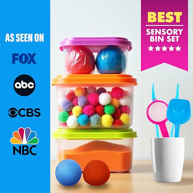 Sensory Kit for Toddlers and Kids - Includes 3 Bins with Lids, Play Tools, Sand, Feathers, Clay, Color Beads and Pom Poms Kids Box Fillers (Starter Set)