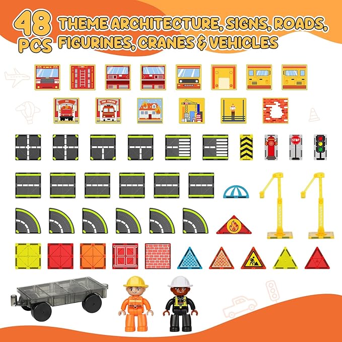 Magnetic Tiles Road Set with Fire Trucks & 2 Dolls, Double-Sided Magnet Tiles with 2 Cranes, Toys for Boys Ages 3-5 5-7, STEM Learning Construction Toys Include Car, Stations, Signs, Gifts for Kids 3+
