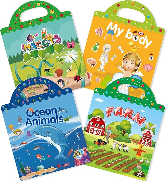 Reusable 4-Set Sticker Books for Toddlers 2-4, Toy Stickers Pad Reusable Sticker Books for Toddlers 1-3 Fashion Activity, Birthday Gift Toy for Girl Boy(Farm, Ocean Animals, Insects,Body)