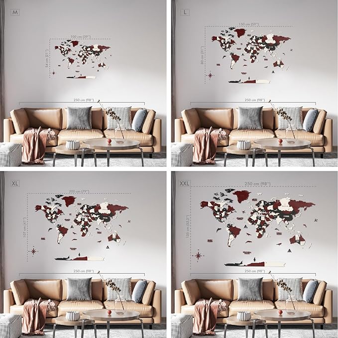 Colorfull Worlds 3D Wooden World Map Wall Art | Unique Wall Decor with Pins for Travel Enthusiasts | Home and Office Wall Décor | Burgundy | Large