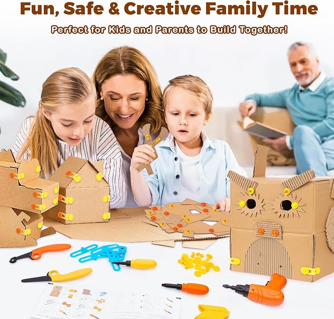 Cardboard Construction Tools Kit 124-Pieces with Waist Bag, Safety Ring Saw, Screwdriver, Waist Bag and Gift Box – Safe DIY Construction Kit for Children’s Creative Building & Crafting