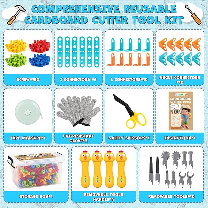 196 PCS Cardboard Cutter for Kids, Reusable Safe Cardboard Tools for Kids with Box, Gloves, Screws, Connectors, Screwdrivers, Saws, Educational Toys for 5 6 7 8 Year Old, Birthday Gift for Boys Girls