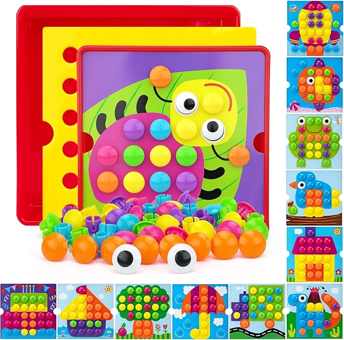 Button Art Toys for Toddlers, Color Matching Mosaic Pegboard for Age 3-5,Early Preschool Learning Activity Button Crafts Educational Toys, Fine Motor Skills Game, Gifts for Boys & Girls 3+