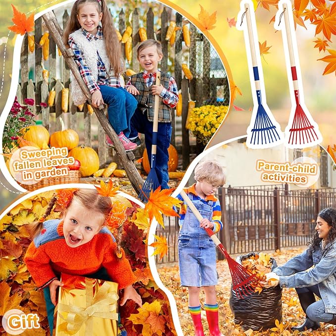 Suclain 2 Pcs Kids Rake with Hardwood Handle Small Child Size Multicolor 28'' Mini Rake for Leaves Lightweight for Children Garden Leaf Yard Tools Gifts