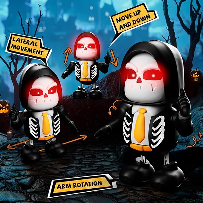Halloween Skeleton Dancing Robot Toy with Lights & Music, Battery Operated Animated Skull Toy for Kids, Light-Up Walking Singing Robot Figure, Spooky Gift for Boys Girls Ages 3+