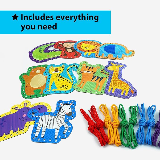 KRAFUN Safari Animal Preschool Arts & Crafts Lacing Kit, 10 Easy Lacing Cards for Toddlers Fine Motor Skills