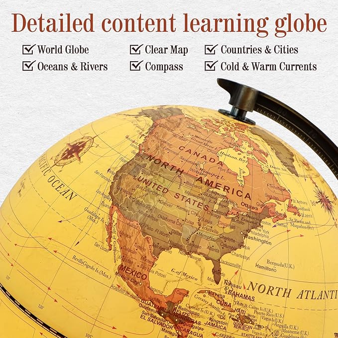 Illuminated Globe of the World with Wooden Stand, 8'' Vintage World Globe Built in LED Night Light for Kids&Adults' Geography Learning, Decor for Home Office Classroom
