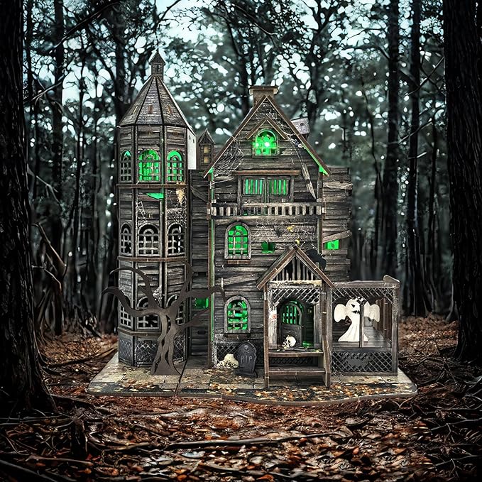 3D Wooden Puzzle Haunted House Model Set - Miniature Haunted House Kits with Led Accessories Furniture, Suitable for Adults and Teenagers to DIY Halloween Horror Doll House Craft Gifts.