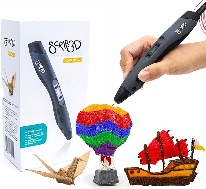 SCRIB3D Advanced 3D Printing Pen Bundle with 6 Spools of Tri-Color PLA Filament – Includes 3D Pen, 3 Starter Filaments, Stencil Book, and 200 feet of Vibrant PLA Filament for Creativity in 3D