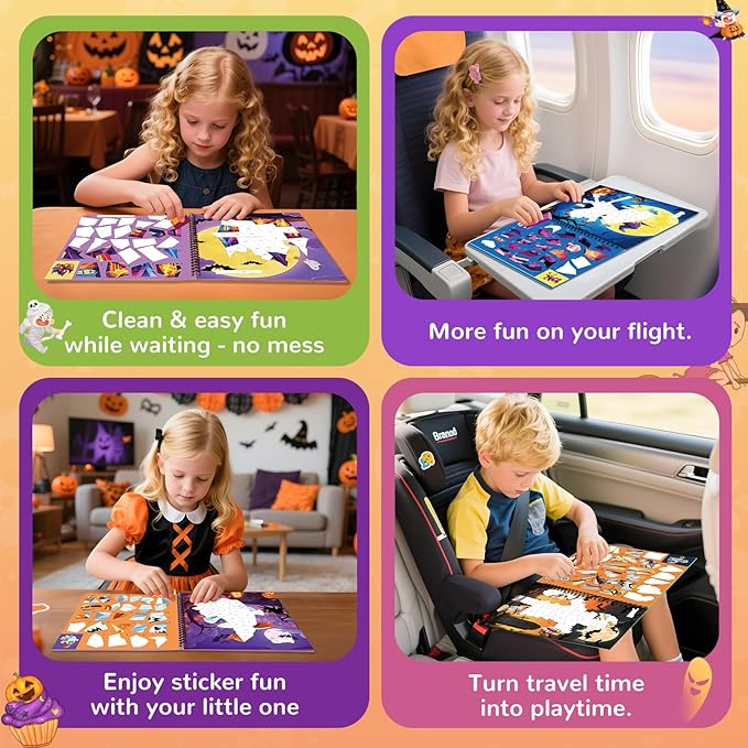 4PCS Paint by Number Sticker Book - Halloween Crafts & Acitivity Puzzles Book for Kids Ages 4-10, Travel Toys for Road Trip & Airplane,Perfect Halloween Gifts & Basket Stuffers for Kids