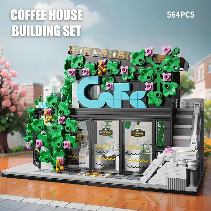 Flower Coffee Shop Building Block Set with LED Lights,STEM Cafe House Building Toys,Coffee Garden House Architecture Model,Birthday Gift for Adults Boys Age 8-12(564Pcs)