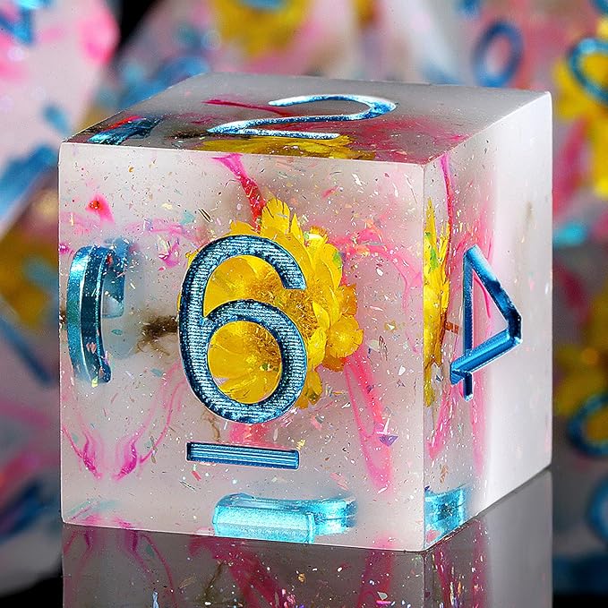 Resin DND Dice Set DNDND Handmade Flower Sharp Edge D&D Die with Gift Case for D&D Dungeons and Dragon Tabletop Games (Chrysanthemum)