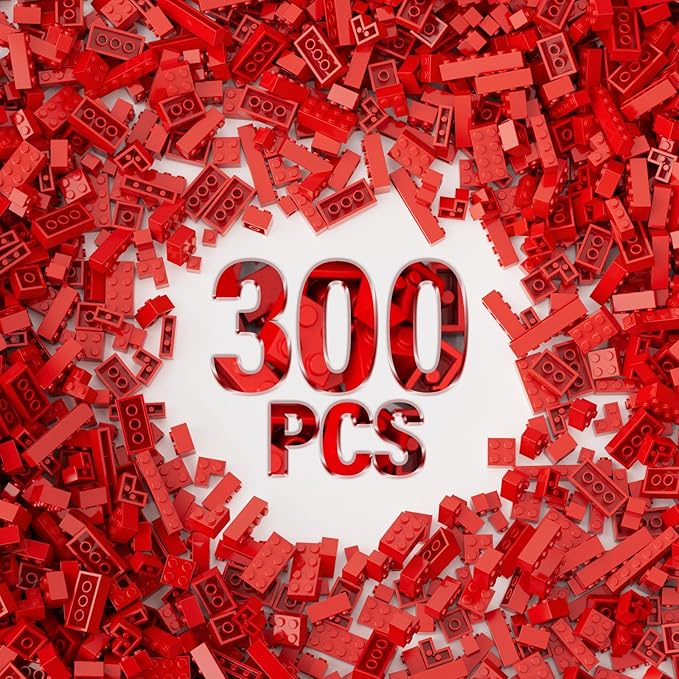 300 Piece Red Bricks Bulk Assortment Pack, 12 Size Red Brick Accessories for Building, Compatible with Lego Parts and Pieces