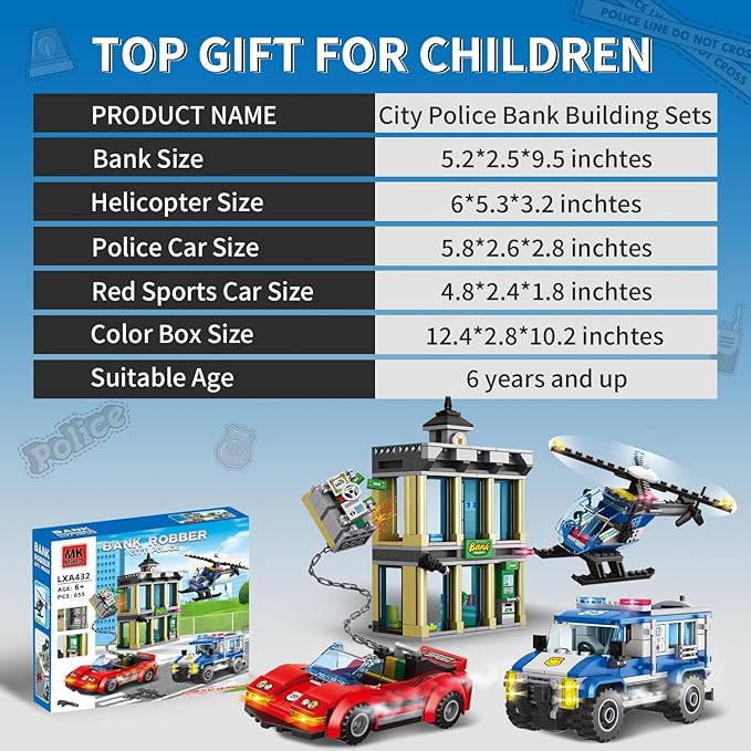 City Police Bank Building Sets, Compatible with Lego Police Bank, Includes Car, Bank, Helicopter, Police Chase Building Blocks Toy Set Gift for Kids 6 Plus Years Old（655 PCS）