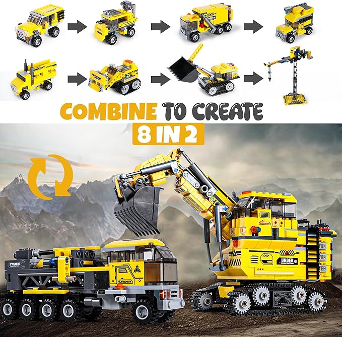 8 in 1 Excavator Toy Building Blocks Kit with Tower Crane, Tractor, Crawler Dozer, Box Dump Truck, Cross Country Vehicle, Command Car, Transport Vehicle – Construction Toys Set for Boys & Girls
