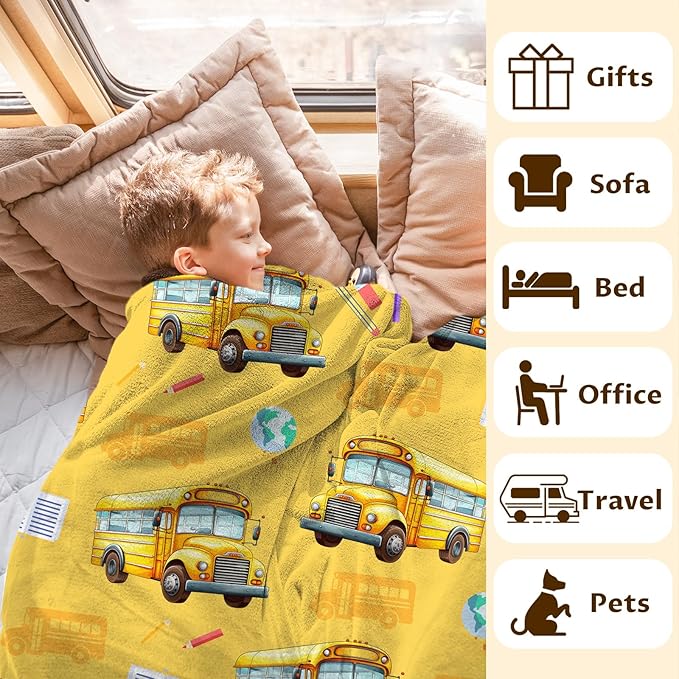 Boys Blanket School Bus Throw Blankets Gift for Kids Adults Birthday - 50x60 Inches Comfy Lightweight All Season Decor Throw for Sofa Couch Bed Office