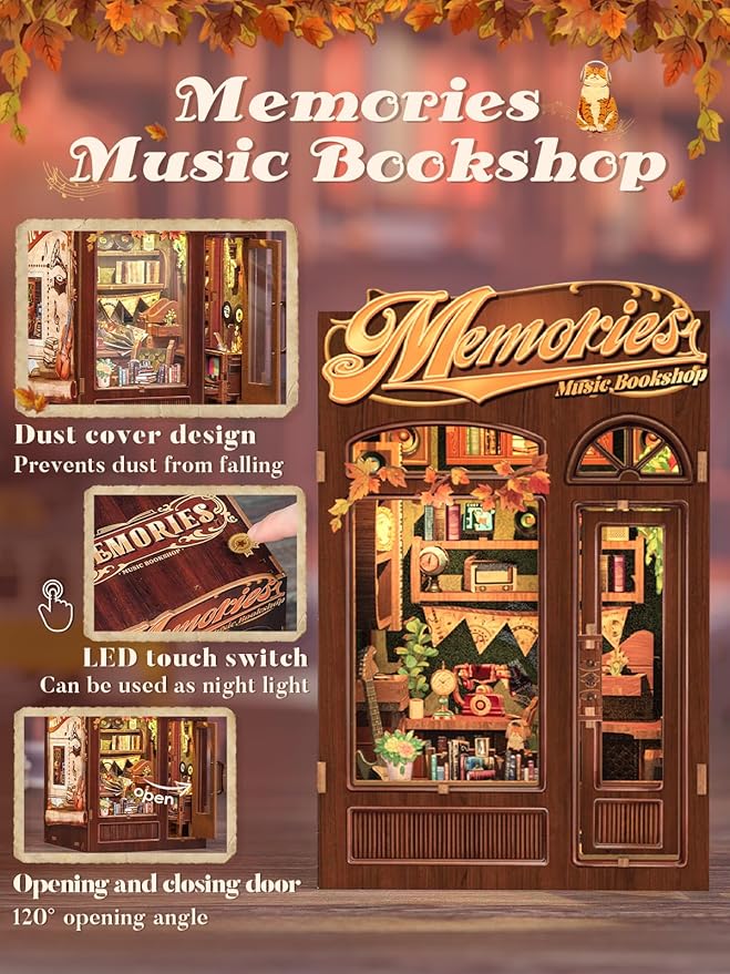 Cutefun Book Nook Kit - DIY Miniature House Kit for Bookshelf Decor, Book Nook Kits for Adults & Beginners, 3D Wooden Puzzle Dollhouse, Ideal Gift for Book Lovers (Memories Music Bookshop)