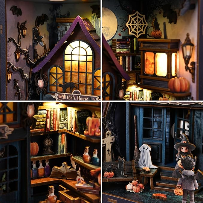 Book Nook Kit for Adults, 3D DIY Wooden Holiday Theme Miniature House Craft Kit Bookshelf Christmas Decor Halloween Birthday Gift