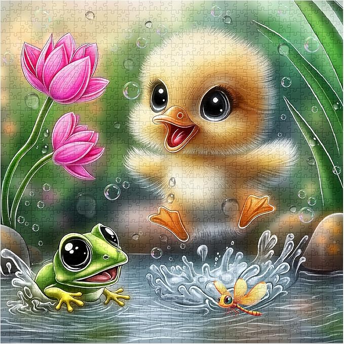 PICKFORU Summer Splash Puzzles for Adults 1000 Pieces, Cute Duck Frog Jigsaw Puzzles Lotus Flower, Challenging Impossible Animal Theme as Wall Decor