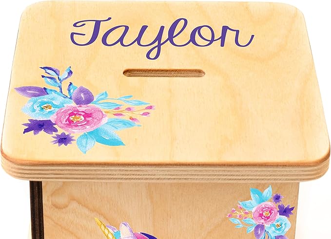 Wooden Piggy Bank for Kids and Adults, Personalized Gift Handmade in USA by BloomOwl, Custom Piggy Bank, Personalized Banks for Kids, Gifts for Baby Boys and Girls (Unicorn)
