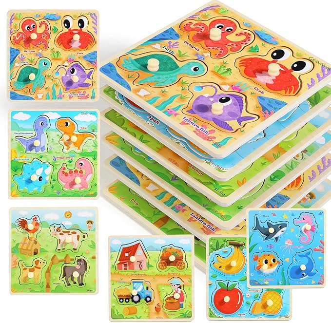 6PCS Wooden Toddler Puzzles, Montessori Toys Peg Puzzles for 3-5 Kid, Toddler Learning Educational Toys Kids Puzzle -Dinosaur, Farm, Farm Animals, Sea Animals, Fruit, Baby Puzzle Gift for Boys Girls