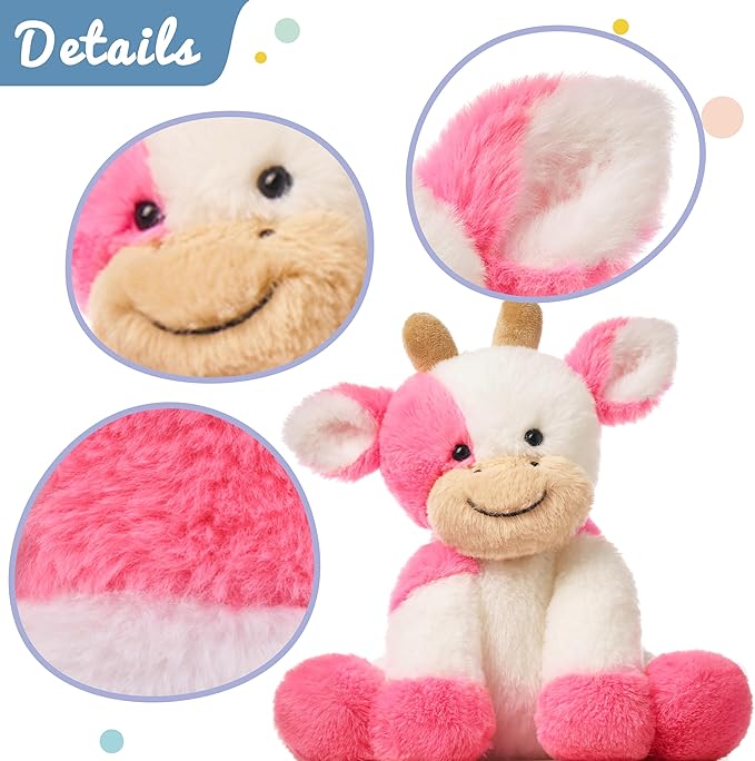 Hopearl Adorable Plush Cow Toy Floppy Dairy Cattle Soft Stuffed Animal Cute Birthday Gifts for Boys Girls Kids Toddlers, Strawberry Pink, 9''