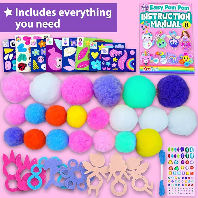 KRAFUN Easy Pom Pom Craft Kit for Girls, 8 Cute Crafts (Unicorn, Fairies), Felt Stickers, Instructions, Creative DIY Set, Adorable Educational Toy