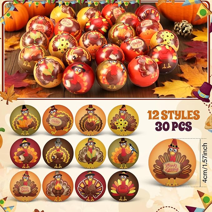 Liliful 60 Pcs Thanksgiving Turkey Stress Ball Bulk 12 Patterns Fall Sensory Stress Relief Balls Thanksgiving Party Favors Bag Filler Stocking Stuffers Gifts for Adults