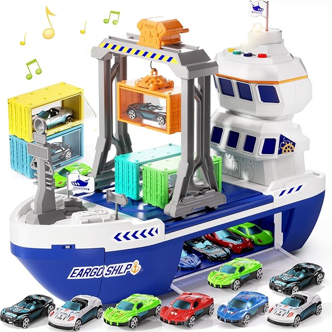 Toy Boat & Gantry Crane for Kids, Cruise Ship with 18 Mini Race Cars and 6 Containers, Cargo Ship Toy with Sounds and Lights, Boats Age 3 4 5 6 7 8 for Boys Girls Birthday Present