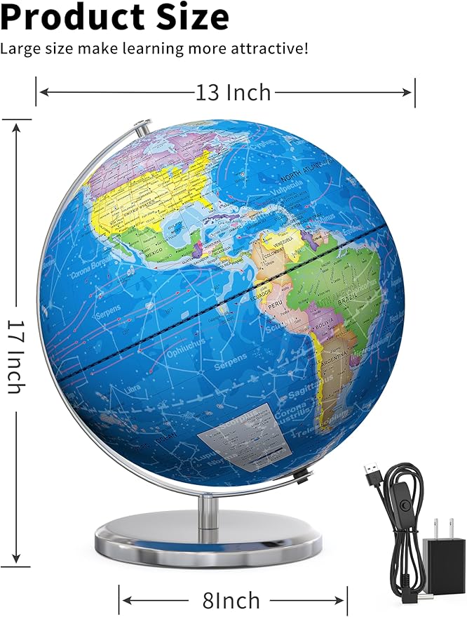 Orionstar 13" Large World Globe with Stand, Educational Globe for Kids Learning, Colorful HD World Map Details, Illuminated Globes Lamp with Stable Heavy Metal Base, Constellation