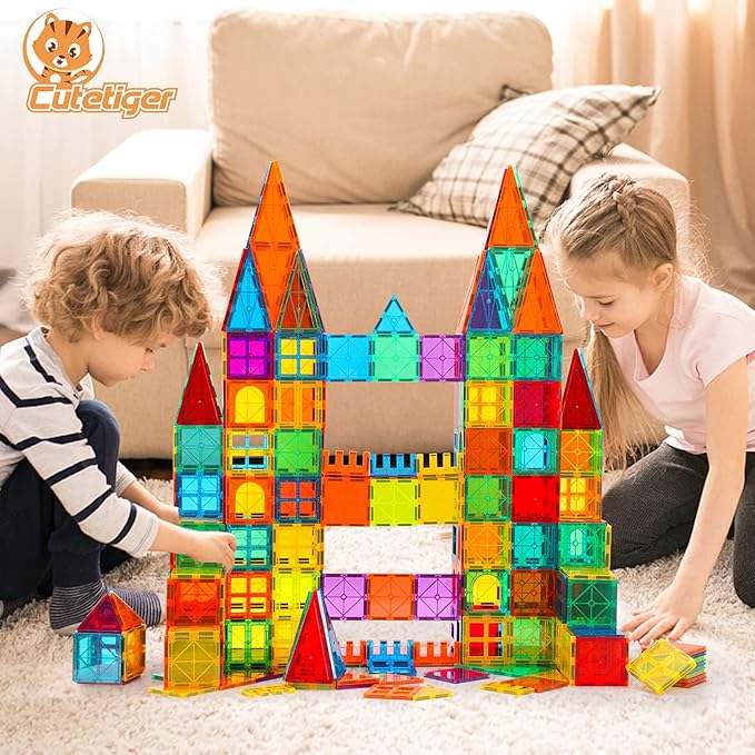 Magnetic Tiles, Magnet Tiles, 100 Pcs Magnetic Building Blocks No Cars, Square Building Castle, Preschool Toys, STEM Stacking Construction Montessori Toys for Kids