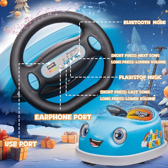 12V Dual Battery Electric Ride on Kids Bumper Car w/Remote Control,360 Degree Spin,Push Rod Rocker Horse Function,3-Speeds Babies & Toddlers Bumping Car Ride on Toy Gift for 1-4 Years Children (Blue)