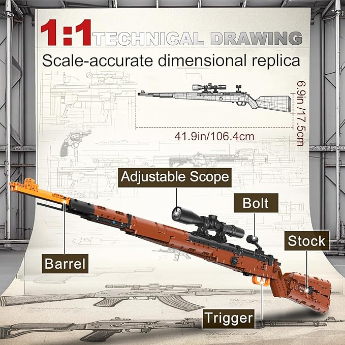 98k Building Blocks Gun-Sets for Adults Boys, 1:1 Sniper Rifle Big Model Kit That Shoot Army Toys for Kids Age 8+, Realistic Military Collection Cool Birthday Gifts for Teen Men 1280pcs