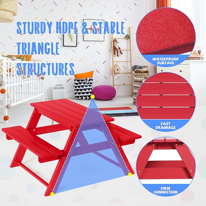 Costaelm Kids Picnic Table, HDPE All Weather Outdoor Toddler Picnic Table and Chair Set Kids Bench for Patio, Backyard, Garden, Lawn, Red