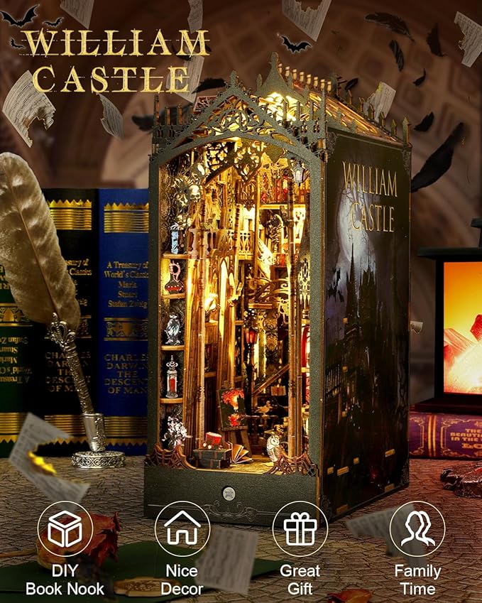 Book Nook Kit William Castle, DIY Booknooks Kit for Adults Teens with Sensor Lights, Bookshelf Diorama Miniature Scenes Insert Decor, 3D Wooden Puzzle Miniature House Kit Gifts for Women