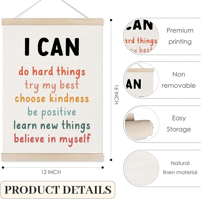 Koesus Inspirational Classroom Rainbow Wall Art Poster Hanger Frame 12x16 Inch Set of 3, Positive Affirmations for Kids, Motivational Canvas Prints Framed Wall Decor for Classroom Kids Room Playroom