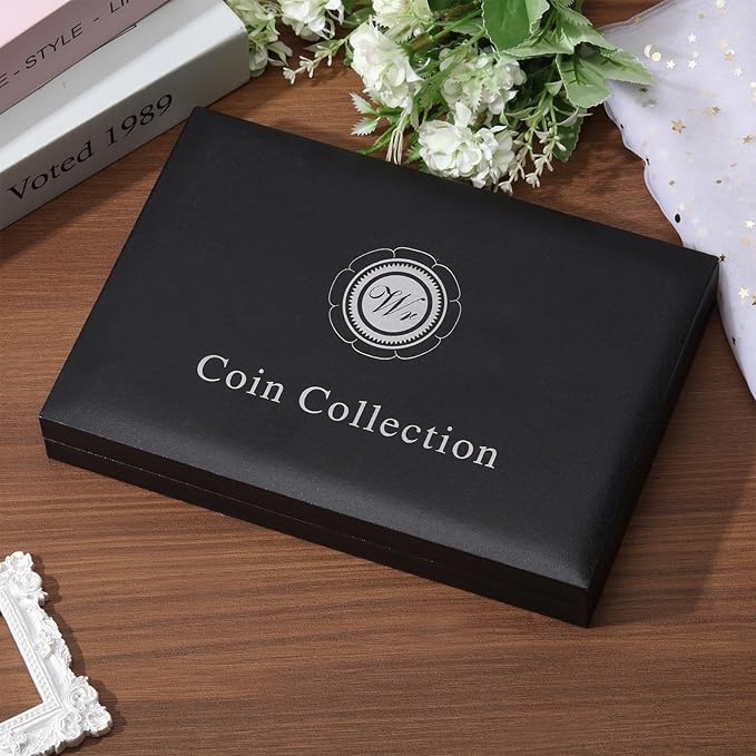 Coin Display Case PU Black Velvet Display Coin Box 45mm Challenge Coin Storage Presentation Box for Commemorative Coins Medals, 10 Slots