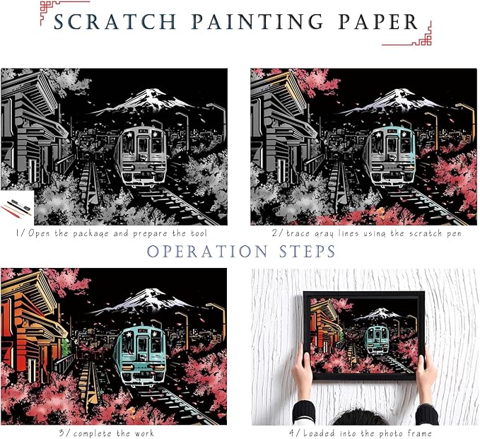 Scratch Rainbow Painting Art Paper,Scratch Art Crafts Set for Adults&Kids,Scratch Painting DIY Creative Gift with 4 Tools,16''x11''(Mt. Fuji&Brooklyn Bridge)