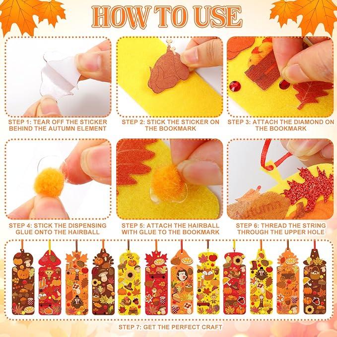 48 Sets Fall Bookmark Crafts Kits DIY Fall Felt Decorations Art Bulk 490 Pcs Thanksgiving Pumpkin Turkey Maple Leaf Craft Kit with Glitter Foam Stickers for Classroom Activities Autumn Party