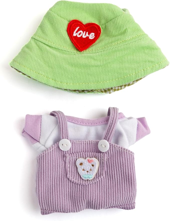 17cm Design Clothes for Labubu Doll - Kawaii Chic Style Set for 17cm Dolls, Cute Doll Outfit with Accessories - Puprle Bear Romper + Purple Shirt + Heart Shaped Green Hat (Clothes Only)