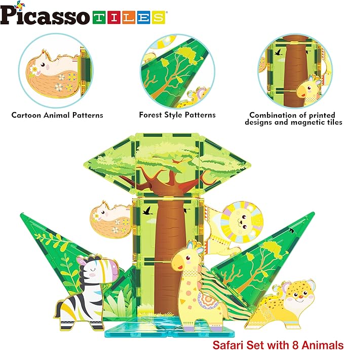 PicassoTiles Magnet Tile Building Blocks Safari Themed Playset with 8 Animal Character Action Figures Magnetic Tiles STEM Learning Imaginative Play Toy Construction Set Preschool Toddler Ages 3+ PTQ22