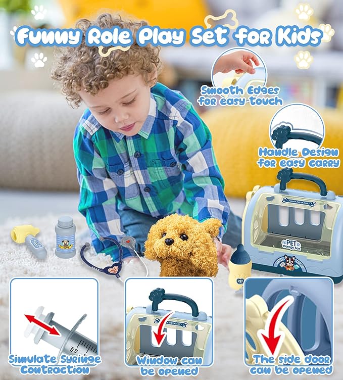 TEUVO Pet Care Playset Robot Dog Toys for Kids, 12Pcs Kids Vet Playset Toys Veterinarian Kit Doctor Kit & Interactive Electric Dog Plush & Cage Pretend Play Gifts for Girls Toddlers 3 4 5 6 7 Year Old